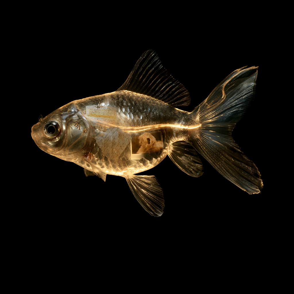 A goldfish held in a dark interior